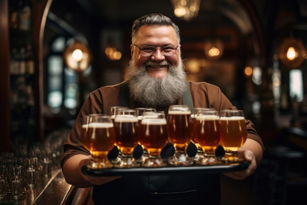 Foto vriendelijke kroegbediende met een baard draagt een dienblad met bierglazen die gastvrijheid uitstralen met een vriendelijke glimlach