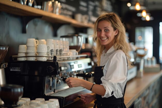 Foto vriendelijke mensen praten in een coffeeshop bar barista barman glimlachende koffie ochtend routine