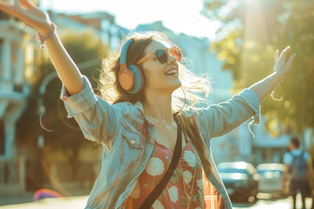 Vriendelijke ontspannen vrouw die danst terwijl ze naar muziek luistert op straat