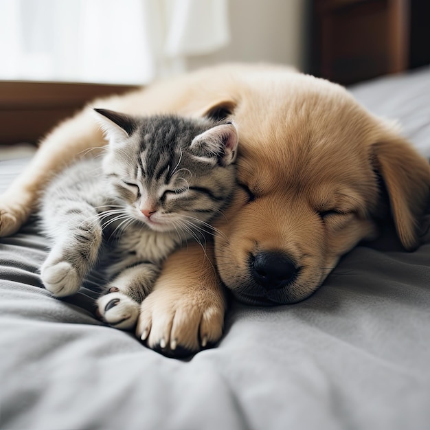 Vriendelijke rasechte katten en honden slapen en knuffelen samen Generatieve AI