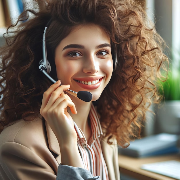 Vriendelijke vrouwelijke hotline operator met krullend donker haar met koptelefoon in callcenter