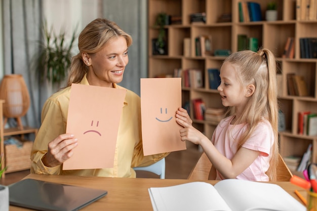 Vriendelijke vrouwelijke leraar en kleine kleuter die traint op de kinderopvang en leert over emoties met privéles