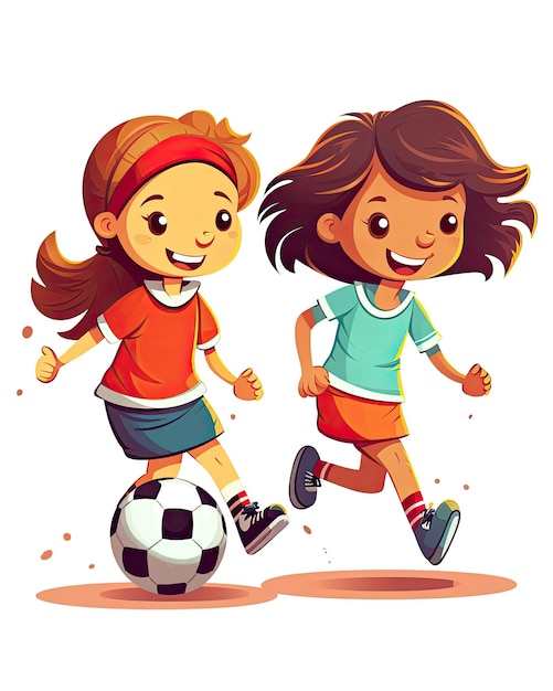 Vriendelijke vrouwen die voetballen en een voetbalshirt dragen, kinder cartoon-stijl AI gegenereerd