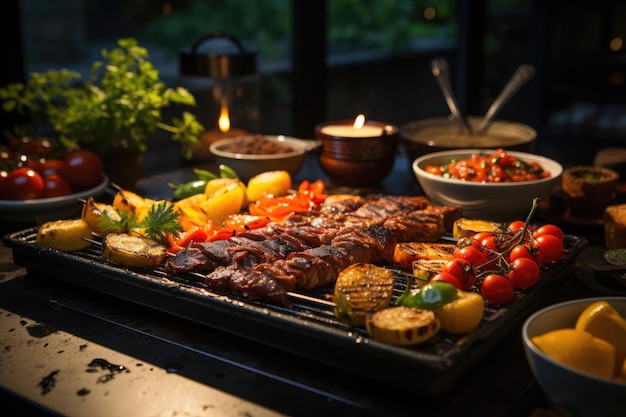 Vriendelijke zomerbarbecue, sappig vlees, lacht en goed gezelschap, generatieve IA