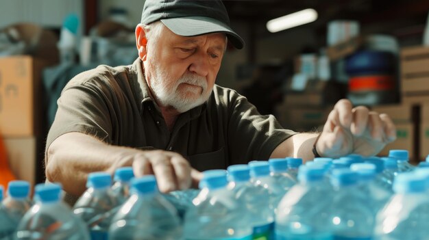 Vriendelijkheid in actie Oudere burger die watervoorziening organiseert