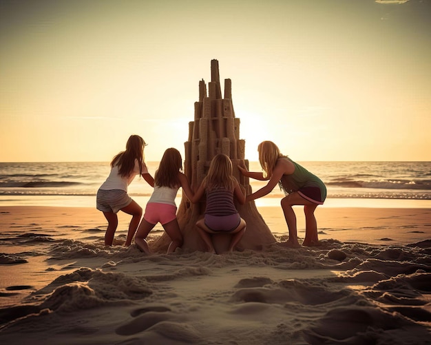 Vrienden bouwen zandkastelen op het strand, hun creativiteit en vriendschap zijn met elkaar verweven