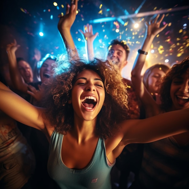 Foto vrienden dansen in een nachtclub tijdens een live optreden van elektronische muziek