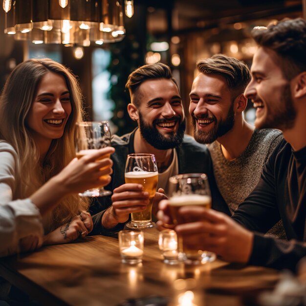 vrienden die bier drinken in een bar, met een kroonluchter erboven.