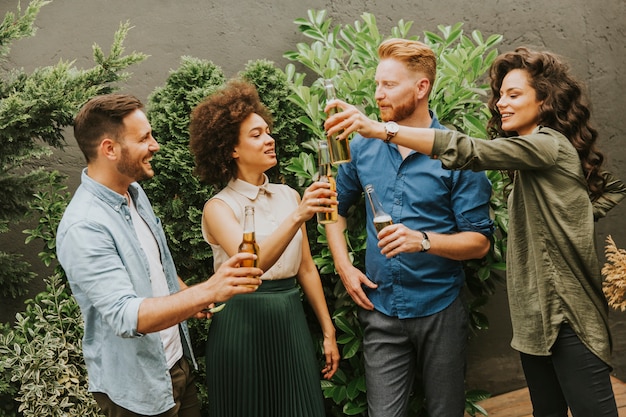 Vrienden die de openluchttoost van de tuinpartij met alcoholische ciderdranken hebben