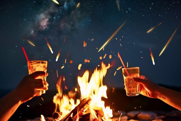 Vrienden die drinken bij vuur meteoren die boven stralen