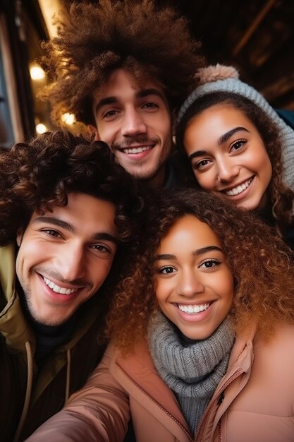 Vrienden die een selfie maken in de winter AI gegenereerd