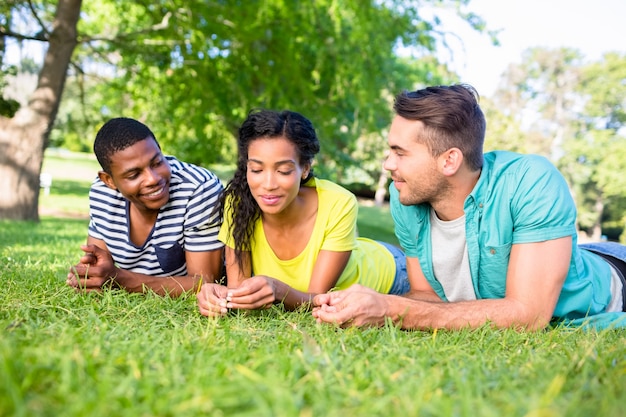 Vrienden die op gras bij campus liggen