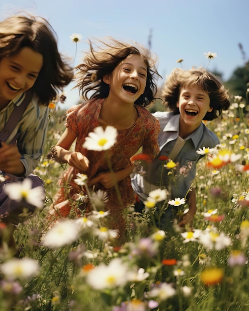 Foto vrienden die stoeien in een veld met wilde bloemen, hun vreugde straalt van het beeld af