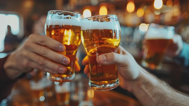 Vrienden drinken met biertjes in een levendige pub