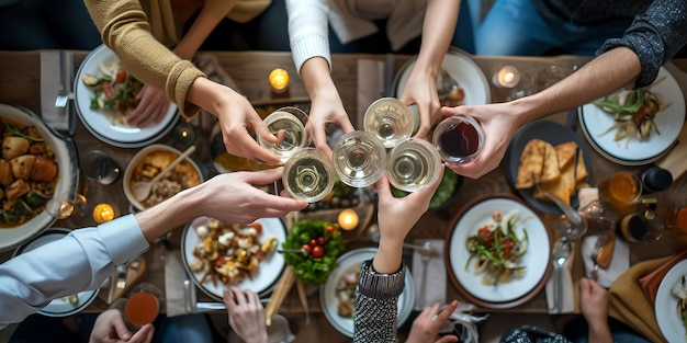 Vrienden drinken met wijn over een diner tafel vol eten casual dineren en vieren een topdown uitzicht het moment AI vangen