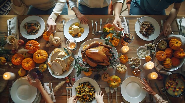 Vrienden en familie verzamelen zich rond een houten tafel versierd met pompoenen en kaarsen voor het Thanksgiving-diner