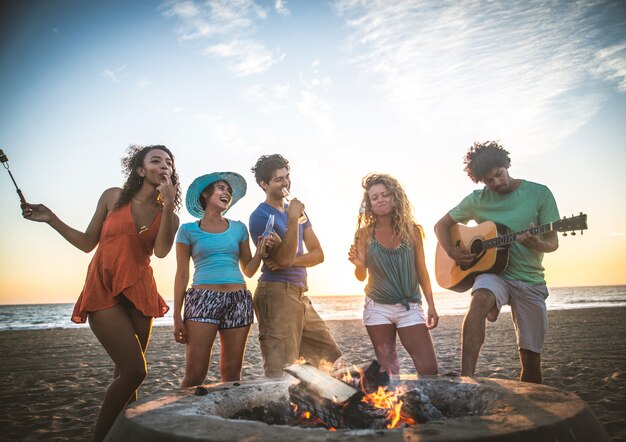 Vrienden feesten op het strand