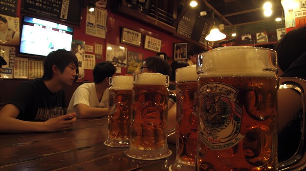 Foto vrienden genieten van alcoholische dranken aan een tafel met bierglazen