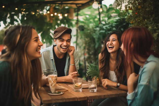 Vrienden genieten van een leuke sociale bijeenkomst in een buitenrestaurant waarbij ze verhalen en gelach uitwisselen