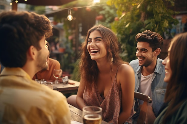 Vrienden genieten van een leuke sociale bijeenkomst in een buitenrestaurant waarbij ze verhalen en gelach uitwisselen