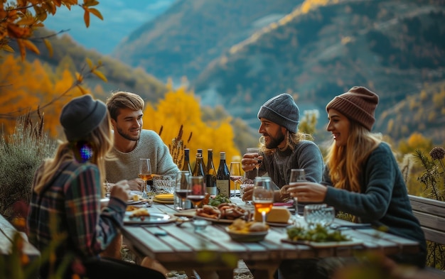 Vrienden genieten van een maaltijd in de open lucht met een schilderachtig uitzicht op de bergen bij zonsondergang, waardoor een warme en uitnodigende sfeer ontstaat