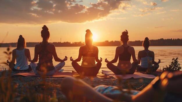 Vrienden genieten van sunset yoga