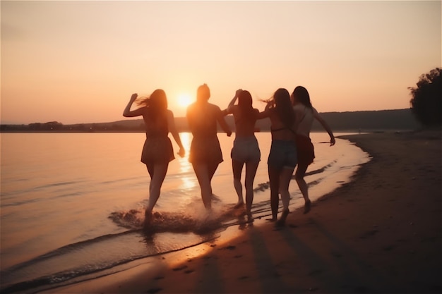 Vrienden genieten van zonsondergang op het strand met de silhouetten van jonge mensen die richting zee rennen