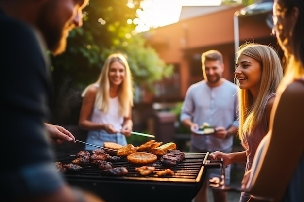 Vrienden hebben een barbecue buiten.