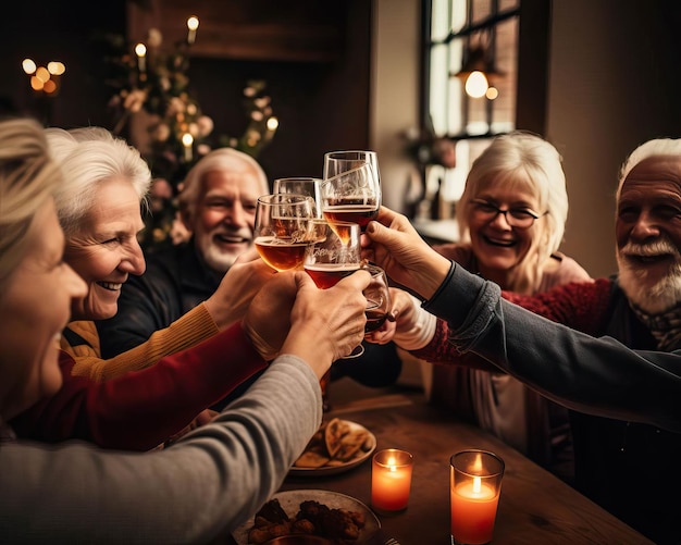 Vrienden heffen hun glazen en toasten op hun levenslange vriendschap.