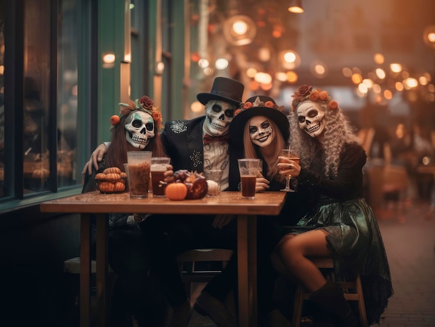 Vrienden in Halloween kostuums die samen zitten.