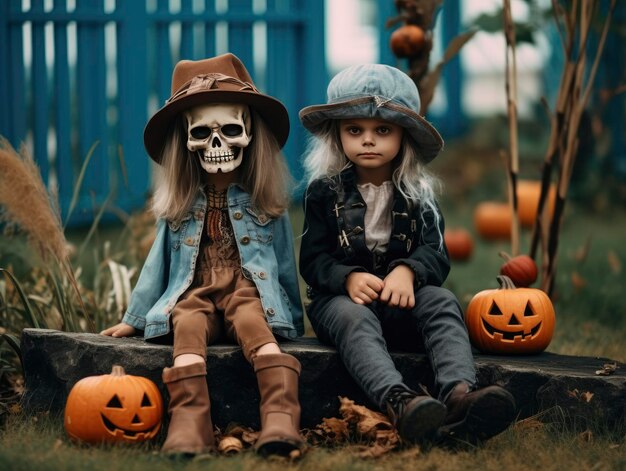 Vrienden in Halloween kostuums die samen zitten.