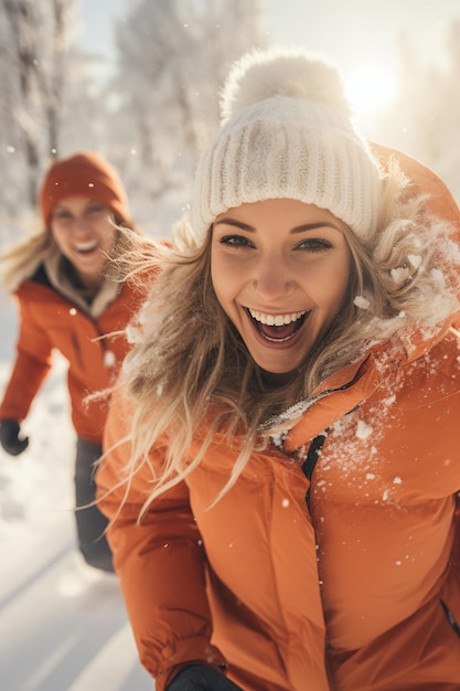 Vrienden in warme kleren rennen in de sneeuw AI gegenereerd