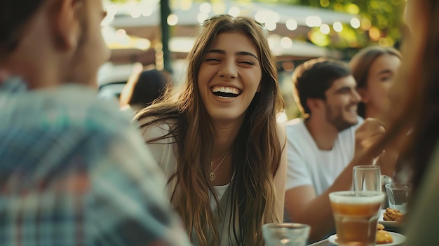 Vrienden lachen en genieten van de tijd samen in een restaurant