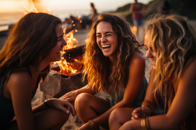 Vrienden lachen rond een kampvuur op het strand