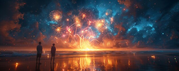 Vrienden laten vuurwerk afvuren op een strand bij Wallpaper