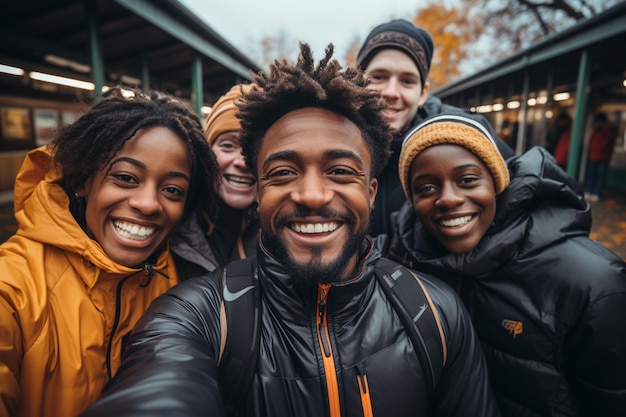 vrienden nemen selfie in de stad