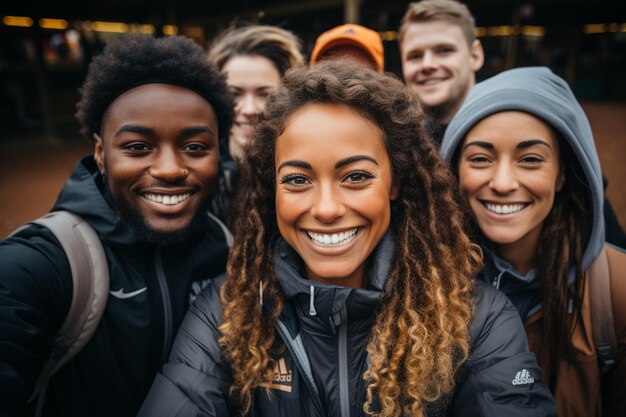 Foto vrienden nemen selfie in de stad