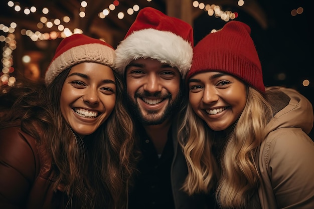 Vrienden nemen selfie met Kerstmis AI gegenereerd