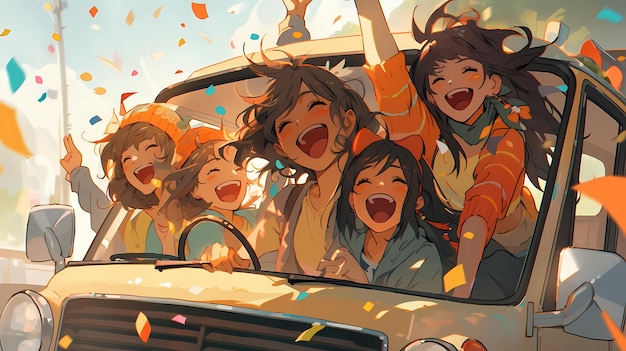 Vrienden op een road trip in een auto in een zomervakantie glimlachend en met een goede tijd anime stijl