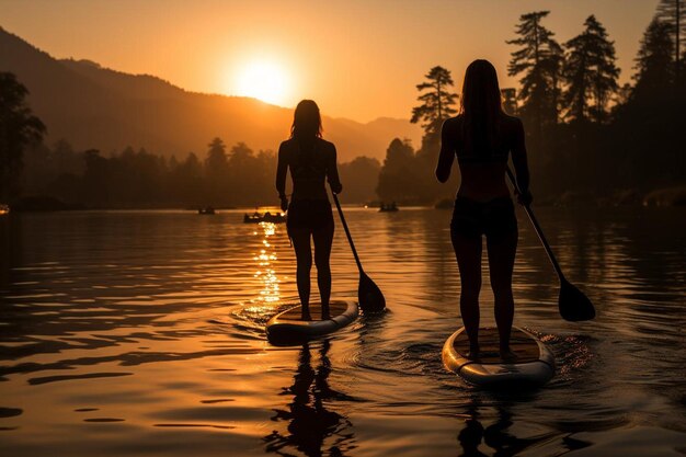 Vrienden paddleboarden op een rustig meer.