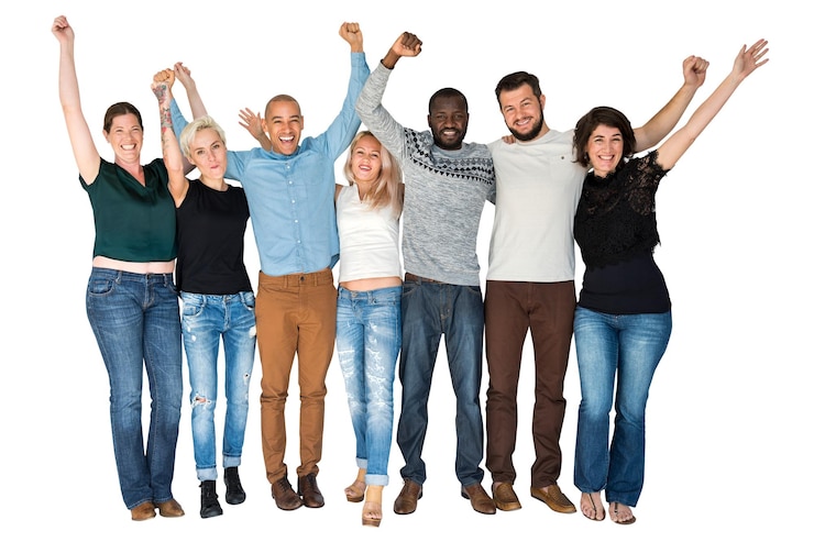 Foto vrienden png sticker groep mensen die handen opheffen doorzichtige achtergrond