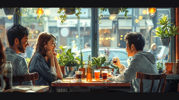 Foto vrienden praten en hebben plezier samen in een cappuccino restaurant