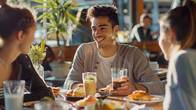 Vrienden praten over een brunch in een trendy café