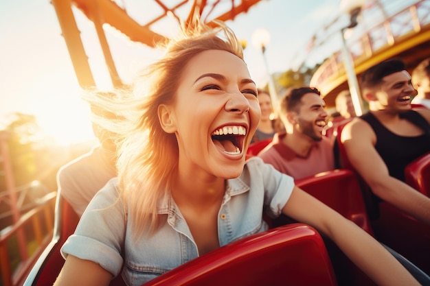 Foto vrienden rijden achtbaanrit in pretpark mensen die plezier hebben generatieve ai