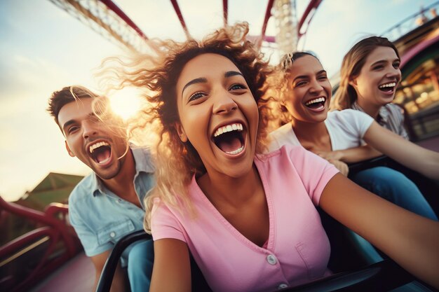 Foto vrienden rijden achtbaanrit in pretpark mensen die plezier hebben generatieve ai