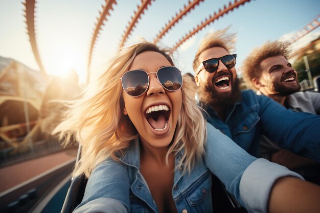 Vrienden rijden op een achtbaan in een pretpark Mensen die plezier hebben in een pret park Generatieve ai