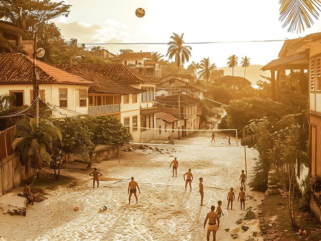 Foto vrienden spelen een wedstrijd strandvolleybal in een levendige brazi neighbor vakantie activiteiten achtergrond