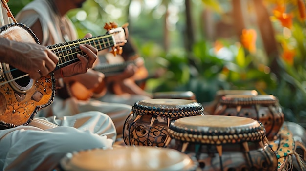 Vrienden spelen traditionele muziekinstrumenten op de Bihu Neighbor Holiday Creatieve achtergrond