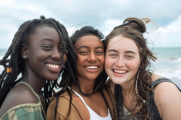 Vrienden van verschillende rassen lachen en lopen op het strand.