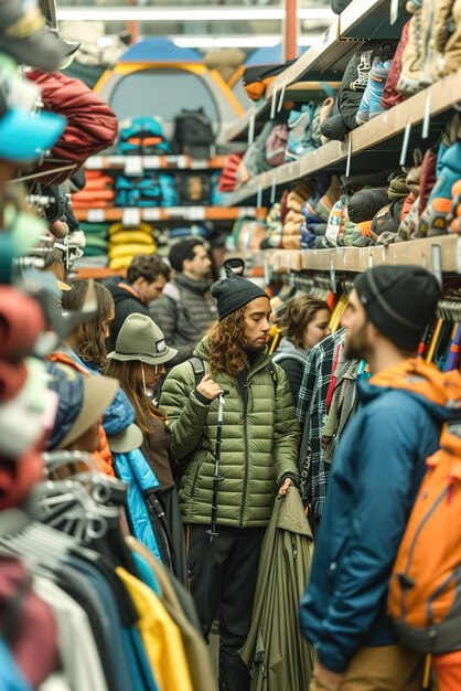 Foto vrienden verkennen een goed gevulde gang met wandelapparatuur, vergelijken rugzakken en onderzoeken kamperen